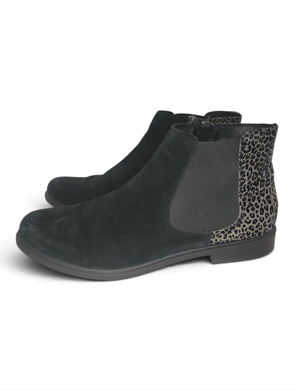 Hotter Ortholite Black Suede Ankle Chelsea Boots with Leopard Heel Accent